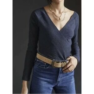 Anthropologie Maeve Wrap Knit Long Sleeve Top Charcoal Gray Long Sleeve Ribbed M